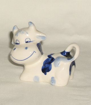 Vintage Pair Adorable ENESCO Hand Painted Porcelain Cow Figurines Blue & White 5