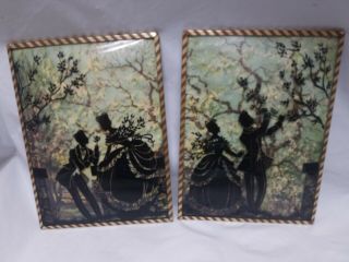 Vintage Pair Silhouette Pictures Convex Glass Courting Couple 6 X 8