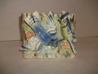 Vintage Mid Century Ceramic Bisque Blue Jay Bird Figurine Planter Box Japan