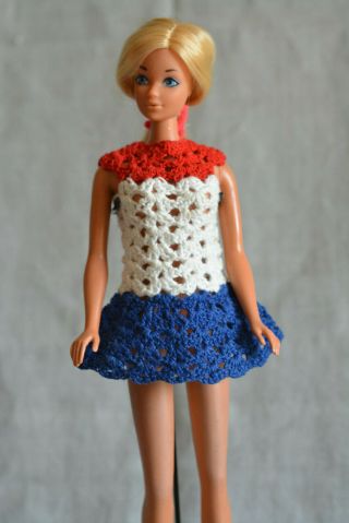 Vintage Barbie Handmade Red White And Blue Sporty Tennis Dress,  Crochet,  70s