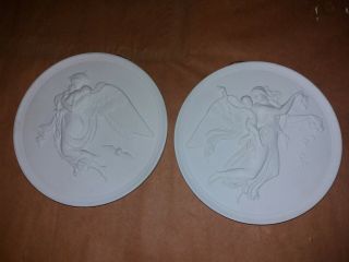 Two Royal Copenhagen Bisque Porcelain Angel Plaques 6 Inch Diameter