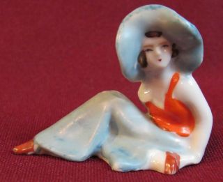 Occupied Japan Porcelain Figure Sun Bathing Beauty Large Floppy Hat Woman Deco