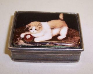 Vintage STERLING SILVER Trinket/Keepsake BOX Ceramic KITTEN/CAT Design Lid 3