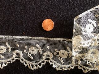 Vintage Brussels Bobbin Lace Applique On Net Edging Length Sew Craft