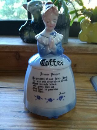 3 Day Vintage Enesco Coffee Prayer Lady Canister Mother In The Kitchen Blue