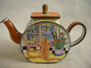 Kelvin Chen Hand Painted Enamel & Copper Miniature Teapot 5 1999 2 Cats