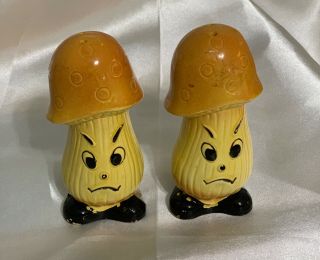 Vintage Anthropomorphic Mushroom Mad Angry Salt And Pepper Shakers