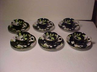 5 Wako Occupied Japan Demi Size Cups And Saucers Black With White Flowers