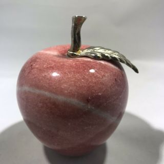 Red Swirled Onyx Marble Apple Paperweight With Gold Brass Leaf Stem Teacher Gift