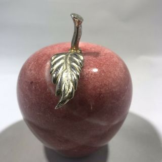 Red Swirled Onyx Marble Apple Paperweight with Gold Brass Leaf Stem Teacher Gift 2