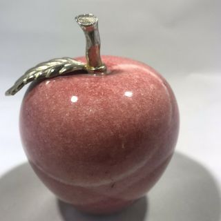Red Swirled Onyx Marble Apple Paperweight with Gold Brass Leaf Stem Teacher Gift 3