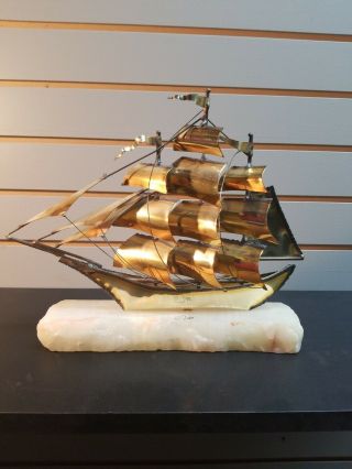 Vintage Brass Copper Metal Sail Boat Demott Signed Sculpture On Marble Base