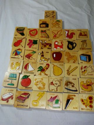 Vtg 39 Wooden Alphabet Blocks Letter Wood Baby Learning Abc Kids