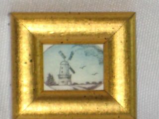 Very Small Windmill Print Antiqued Gilt On Wood Frame 2 X 1 3/4 X 1/2 & Glass