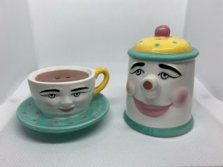 Clay Art Anthropomorphic Tea Pot And Tea Cup Salt & Pepper Shakers Vintage