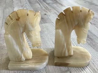 Carved Alabaster Mexican Onyx Stone Horse Head Bookends Vintage Mid Century Mcm