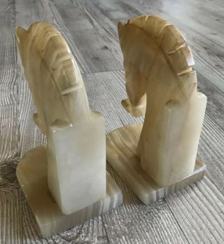 Carved Alabaster Mexican Onyx Stone Horse Head Bookends Vintage Mid Century MCM 4