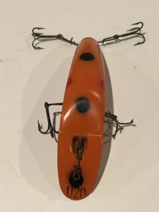 Vintage Helin Tackle Co Flatfish Lure U20,  4 Treble Hooks,  Orange With Dots