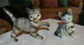 Goebel - W.  Germany - Porcelain Green Eyes Dark Gray Striped Cat With Bug,  Bonus Cat