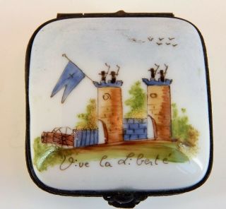 French Porcelain Hand Painted Hinged Box - French Castle,  " Long Live Freedom "