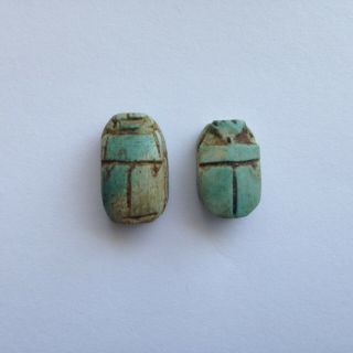 2 Vintage Art Deco Egyptian Revival Faience Scarab Beetle Ceramic Stone Beads