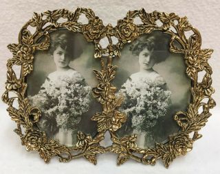 Picture Frame Double Photograph Photo Holder Brass Plated Rose Flower Ornate 4 "