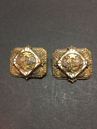 Vintage Antique Brooches Pins Rectangular Enamel Gold Tone