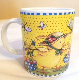 Mary Engelbreit Coffee Tea Mug Cup Happy Easter Spring Flowers Yellow Chick Euc