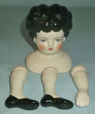 Vintage Porcelain Doll Head W/ 2 Legs 1 Arm Molded Black Hair 3 3/4 " Tall Parts