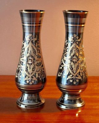 Brass And Dark Green Glass Ornate Vases