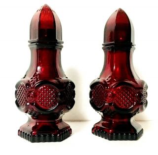 Vintage Ruby Red Salt & Pepper Shakers Set Pressed Glass Avon Gothic Baroque