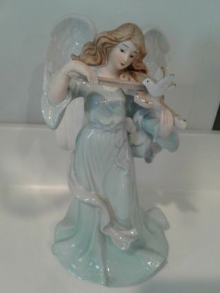 Musical Porcelain Angel Playing Violin W/ Dove Figurine - First Noel / Music Box