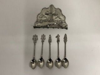 Set Of 5 Vintage Silver Plated Souvenir Spoons W/rack - Made In Holland