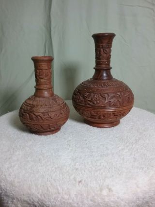 Hand Carved Wooden Bottle / Vase Set Of 2