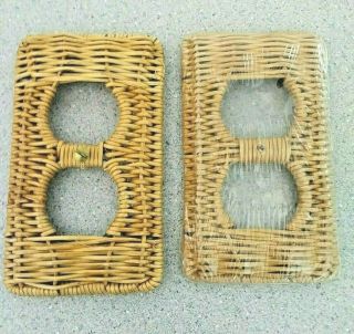 Vintage Natural Wicker Light Switch Outlet Cover Plates Shabby Cottage Set Of 2