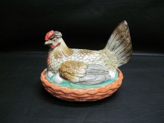 Vintage Hand Painted Ceramic Hen Or Chicken On A Nest Covered Dish,  Fine Condion