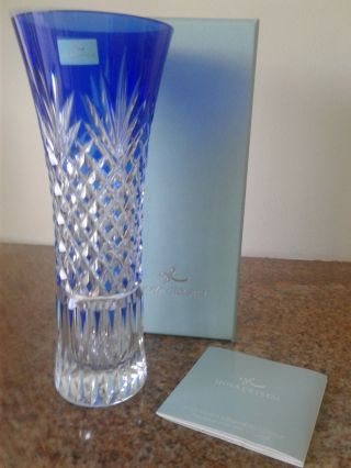 Hoya Japan Crystal Cobalt Cut To Clear Vase W/original Box - Nr