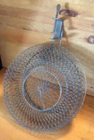 Vintage Fishing Collapsible Metal Basket/Mesh Wire Trap Bait Cage & Attachment 2