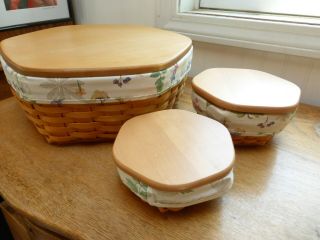 3 Longaberger Generations Classic Basket With Botanical Fields Liner 5,  7,  & 14 "