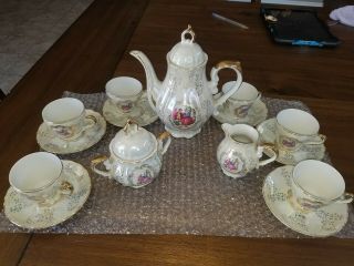 Antique Vintage 17 Piece Tea Set Gold Trims.  Crown On Bottom.  English Couple