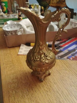 Vintage Brass Vase Pitcher Made In Italy Ornate Floral 7 Inch Footed Heavy