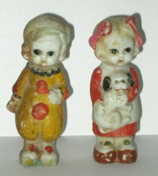 2 Vintage Bisque Penny Doll Girl Clown & Holding Puppy Japan