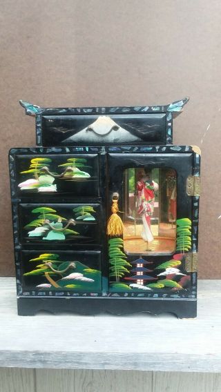 Vintage Japanese Oriental Black Lacquer Musical Jewelry Box With Turning Geisha