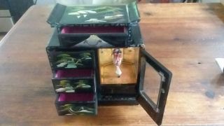 Vintage Japanese Oriental Black Lacquer Musical Jewelry Box With Turning Geisha 2