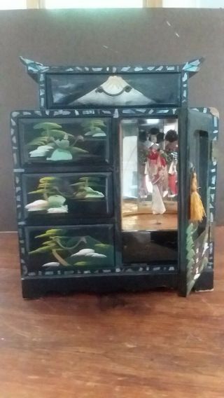 Vintage Japanese Oriental Black Lacquer Musical Jewelry Box With Turning Geisha 8