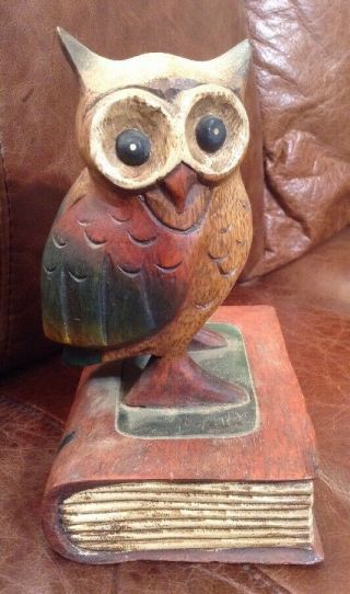 Vintage Carved Owl Sitting On A Book Wooden Bookend Desk Library Shelf Decor