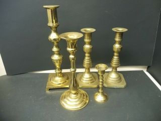 Set Of 5 Antique Brass Candle Stick Holders