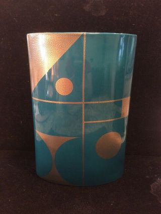 Jonathan Adler Vase Teal And Gold Geometric Design 8 1/2” Tall