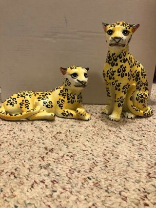 2 Vintage Porcelain Ceramic Jaguar Leopard Figurine Japan 9 " Long