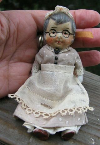 Vtg Bisque Grandma Grandmother Doll With Dress & Hat 5 Inches Jointed Germany?